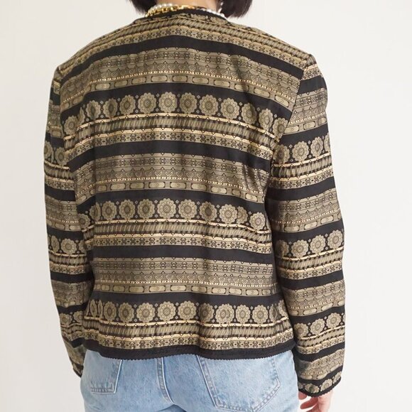 Vintage Maggy London Gold Black Floral Metallic Button Up Blazer 14 - Picture 3 of 10